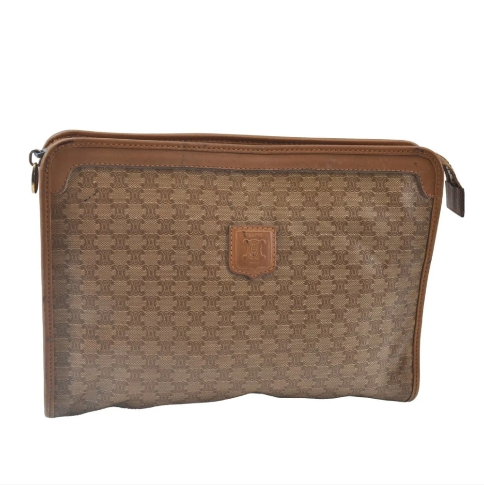 Authentic CELINE Macadam Blason Pattern Clutch Hand Bag PVC Leather Biege